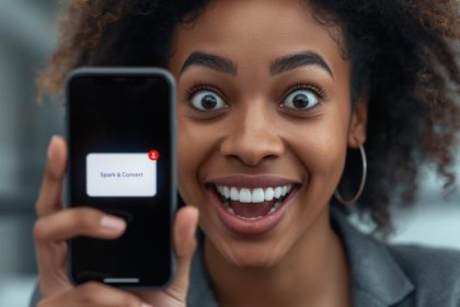 Surprised, diverse person looking at a bright smartphone email, illustrating the positive outcome of a successful dormant lead re-engagement campaign.