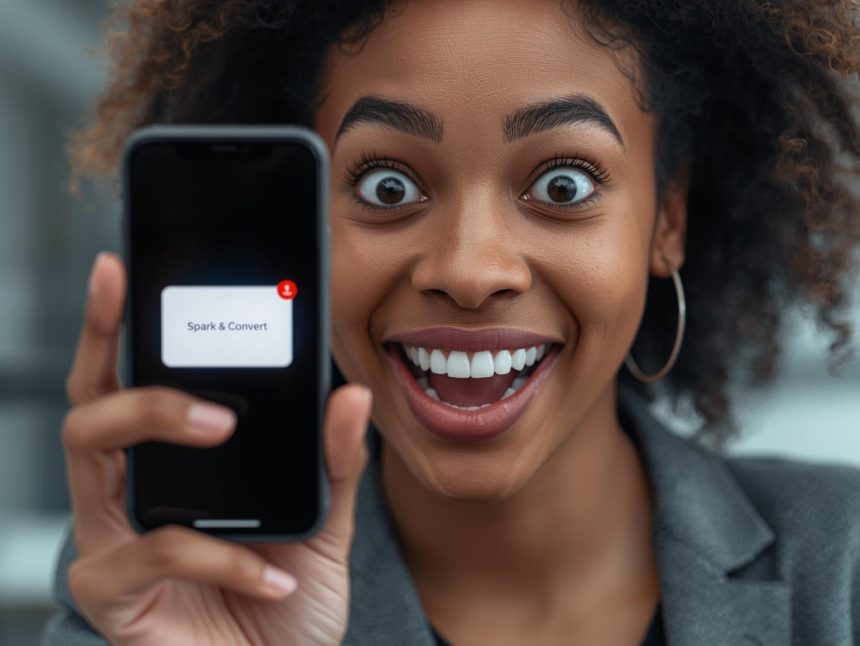 Surprised, diverse person looking at a bright smartphone email, illustrating the positive outcome of a successful dormant lead re-engagement campaign.