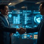 Confident marketers shake hands over an AI dashboard displaying transparent commission data and trust metrics.