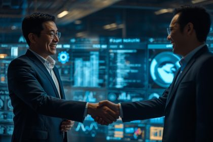 Confident marketers shake hands over an AI dashboard displaying transparent commission data and trust metrics.