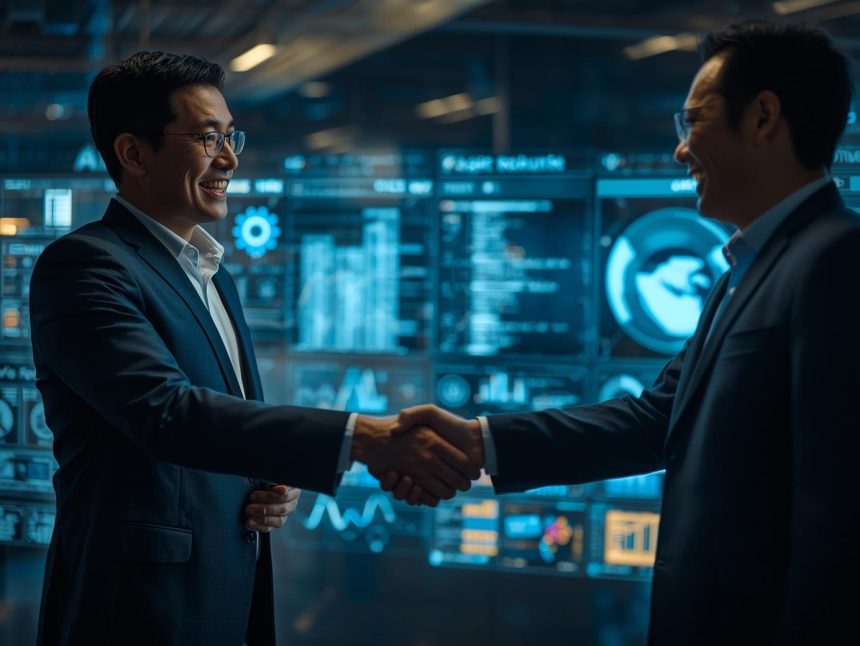 Confident marketers shake hands over an AI dashboard displaying transparent commission data and trust metrics.
