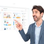 A marketer with an “aha” expression pointing at aligned brand interface screens – visualising Building Brand Equity Through User Experience Consistency.