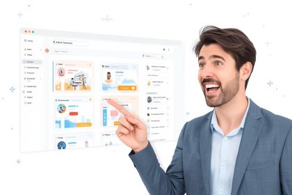A marketer with an “aha” expression pointing at aligned brand interface screens – visualising Building Brand Equity Through User Experience Consistency.