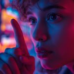 Surprised marketer viewing AI-generated brand story image emerging from laptop screen – AI image generation for brand storytelling