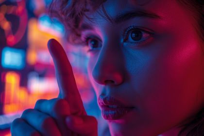 Surprised marketer viewing AI-generated brand story image emerging from laptop screen – AI image generation for brand storytelling