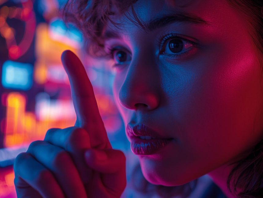 Surprised marketer viewing AI-generated brand story image emerging from laptop screen – AI image generation for brand storytelling