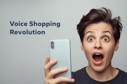 Woman excitedly speaking to smart speaker in modern home, representing AI Voice Commerce and Spoken Search.