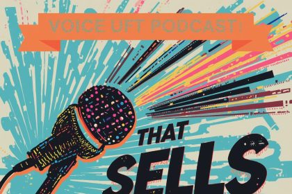 A confident salesperson interacting with a digital AI voice interface, illustrating collaboration between humans and AI in modern sales.