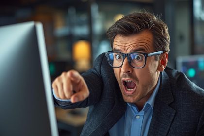 Marketer with surprised expression viewing dropping organic traffic chart under the caption ‘Traffic Vanished’ in relation to