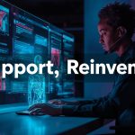 A diverse support professional collaborates with a glowing AI agent avatar across a digital desk, symbolizing AI agents for customer support delivering faster, more personal help in 2026.