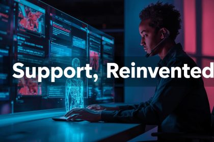 A diverse support professional collaborates with a glowing AI agent avatar across a digital desk, symbolizing AI agents for customer support delivering faster, more personal help in 2026.