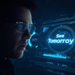 Marketer presenting a predictive dashboard with future performance charts, showing confidence and clarity in marketing forecasting.