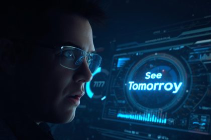 Marketer presenting a predictive dashboard with future performance charts, showing confidence and clarity in marketing forecasting.