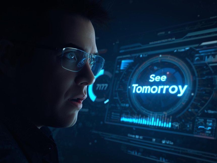 Marketer presenting a predictive dashboard with future performance charts, showing confidence and clarity in marketing forecasting.