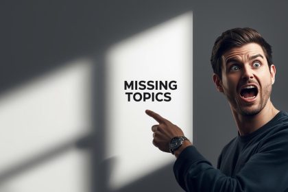 Focused marketer analyzing a content map with visible gaps on a screen, expressing realization during topic gap analysis for content expansion.