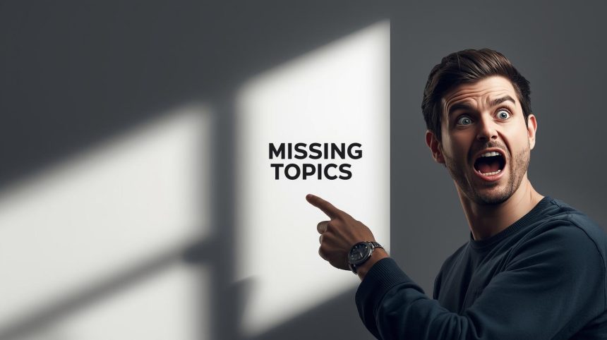 Focused marketer analyzing a content map with visible gaps on a screen, expressing realization during topic gap analysis for content expansion.