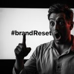 Confident marketer presenting a modern brand strategy with focused expression and digital background, highlighting brand refresh strategies for the new year.