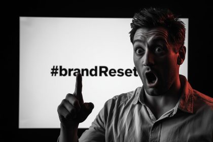 Confident marketer presenting a modern brand strategy with focused expression and digital background, highlighting brand refresh strategies for the new year.