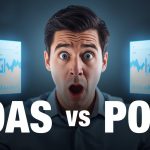 Marketing professional comparing ROAS vs POAS dashboards with surprised expression, highlighting profit-focused performance metrics.