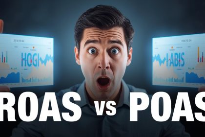 Marketing professional comparing ROAS vs POAS dashboards with surprised expression, highlighting profit-focused performance metrics.