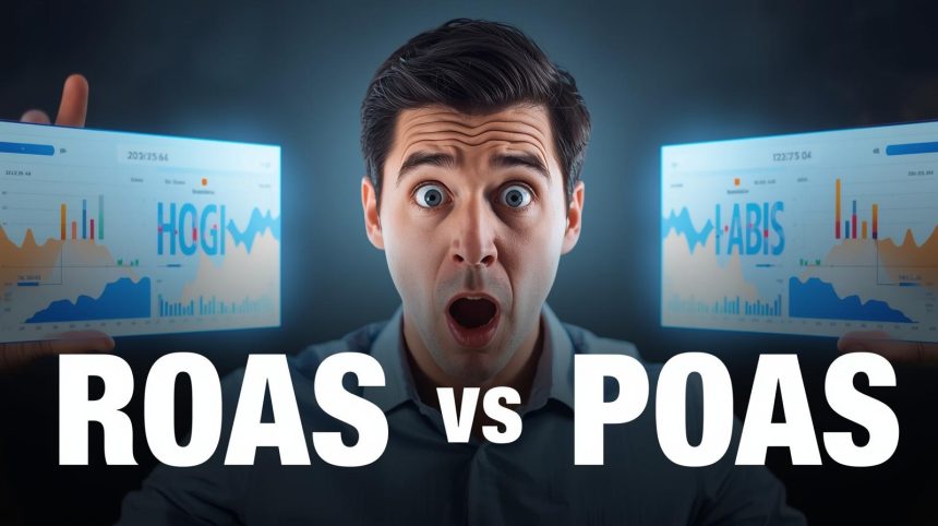Marketing professional comparing ROAS vs POAS dashboards with surprised expression, highlighting profit-focused performance metrics.