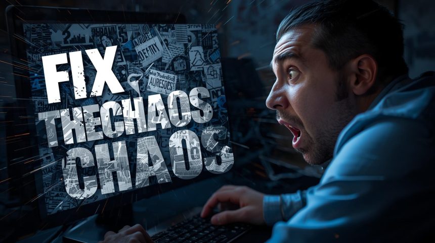 A surprised designer looking at messy visuals transforming into an organized design system, expressing clarity and excitement, featuring the keyword Creative Design Systems.