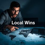 Marketer confidently presenting local partnership results, blending community event visuals with digital analytics for offline-online presence.