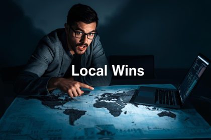 Marketer confidently presenting local partnership results, blending community event visuals with digital analytics for offline-online presence.