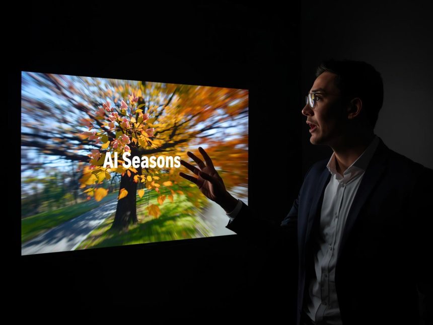 A focused digital marketer analyzing AI-powered seasonal branding visuals on a screen, showing curiosity and strategic insight.