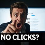 Digital marketer reacting with surprise to AI-powered zero-click search results on a laptop screen, representing the future of zero-click search & AI overviews.