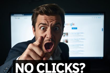 Digital marketer reacting with surprise to AI-powered zero-click search results on a laptop screen, representing the future of zero-click search & AI overviews.