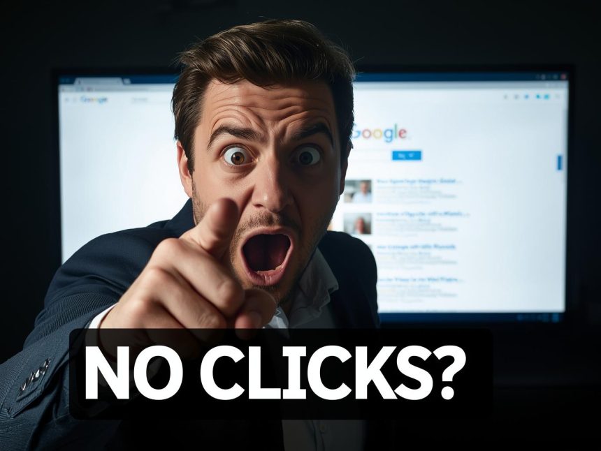 Digital marketer reacting with surprise to AI-powered zero-click search results on a laptop screen, representing the future of zero-click search & AI overviews.