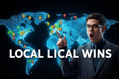 Confident marketer pointing at a digital map with multiple city locations highlighted, showing success in local marketing for multi-branch businesses.