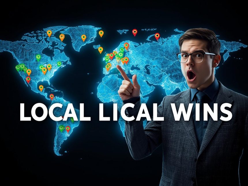 Confident marketer pointing at a digital map with multiple city locations highlighted, showing success in local marketing for multi-branch businesses.