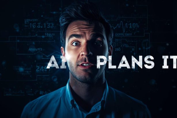 Marketer reacting with surprise as AI generates a complete marketing strategy on a digital screen.