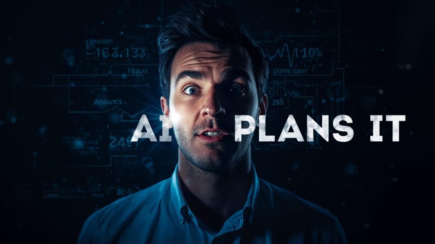 Marketer reacting with surprise as AI generates a complete marketing strategy on a digital screen.