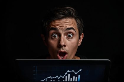 Marketer reacting with surprise while pointing at an AI dashboard showing customer LTV predictions and upsell growth.