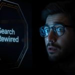 Marketing professional reacting to AI-generated search results with focused expression, illustrating AI-first search marketing strategies.