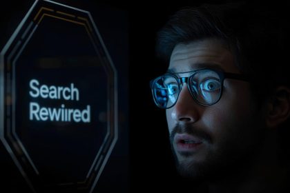 Marketing professional reacting to AI-generated search results with focused expression, illustrating AI-first search marketing strategies.