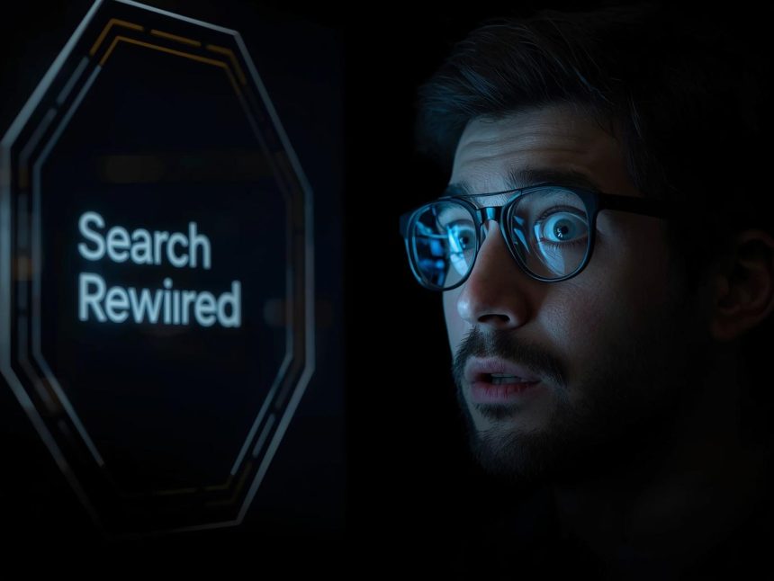 Marketing professional reacting to AI-generated search results with focused expression, illustrating AI-first search marketing strategies.