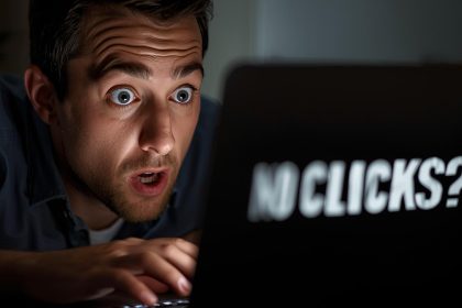 Digital marketer confidently pointing at a featured snippet on a screen, representing Zero-Click SEO visibility and authority.