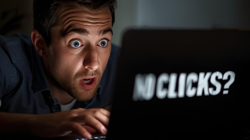 Digital marketer confidently pointing at a featured snippet on a screen, representing Zero-Click SEO visibility and authority.