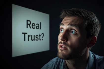 A confident marketer pointing at a phone screen, expressing clarity and trust while demonstrating purpose-driven social media strategy.