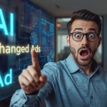 Marketer reacting with surprise to AI-generated video ads dashboard, showing speed and performance growth.
