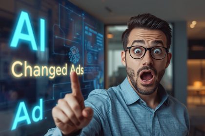 Marketer reacting with surprise to AI-generated video ads dashboard, showing speed and performance growth.