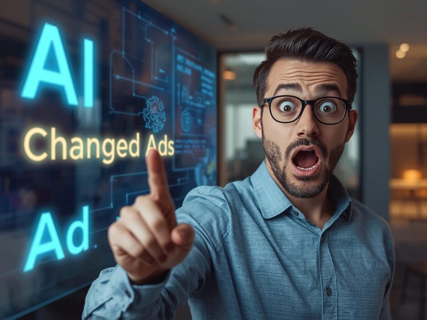Marketer reacting with surprise to AI-generated video ads dashboard, showing speed and performance growth.