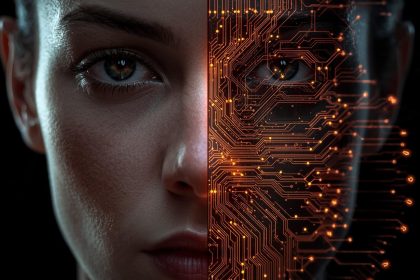 A professional pointing at a glowing digital persona hologram with a focused, emotional expression, representing how AI personas influence branding.