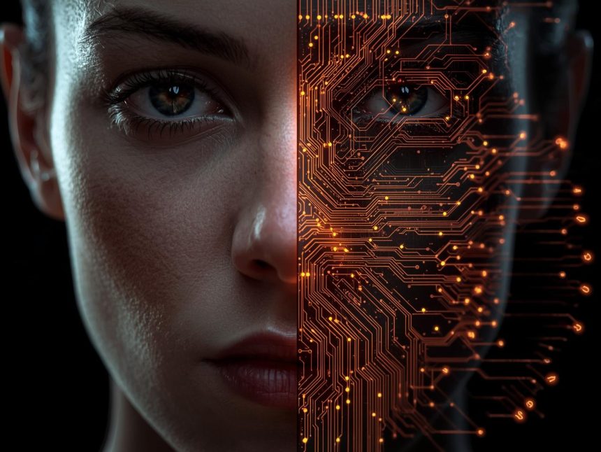 A professional pointing at a glowing digital persona hologram with a focused, emotional expression, representing how AI personas influence branding.