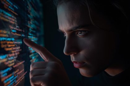 Person looking surprised at a structured AI search summary on screen, highlighting “AI Overviews” layout.