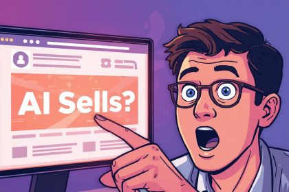 Marketer reacting with surprise while reviewing AI-generated product descriptions on an e-commerce dashboard